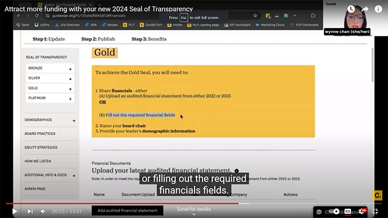 Wynne Chan shares her screen to go over the financial section for Gold Seals of Transparency.